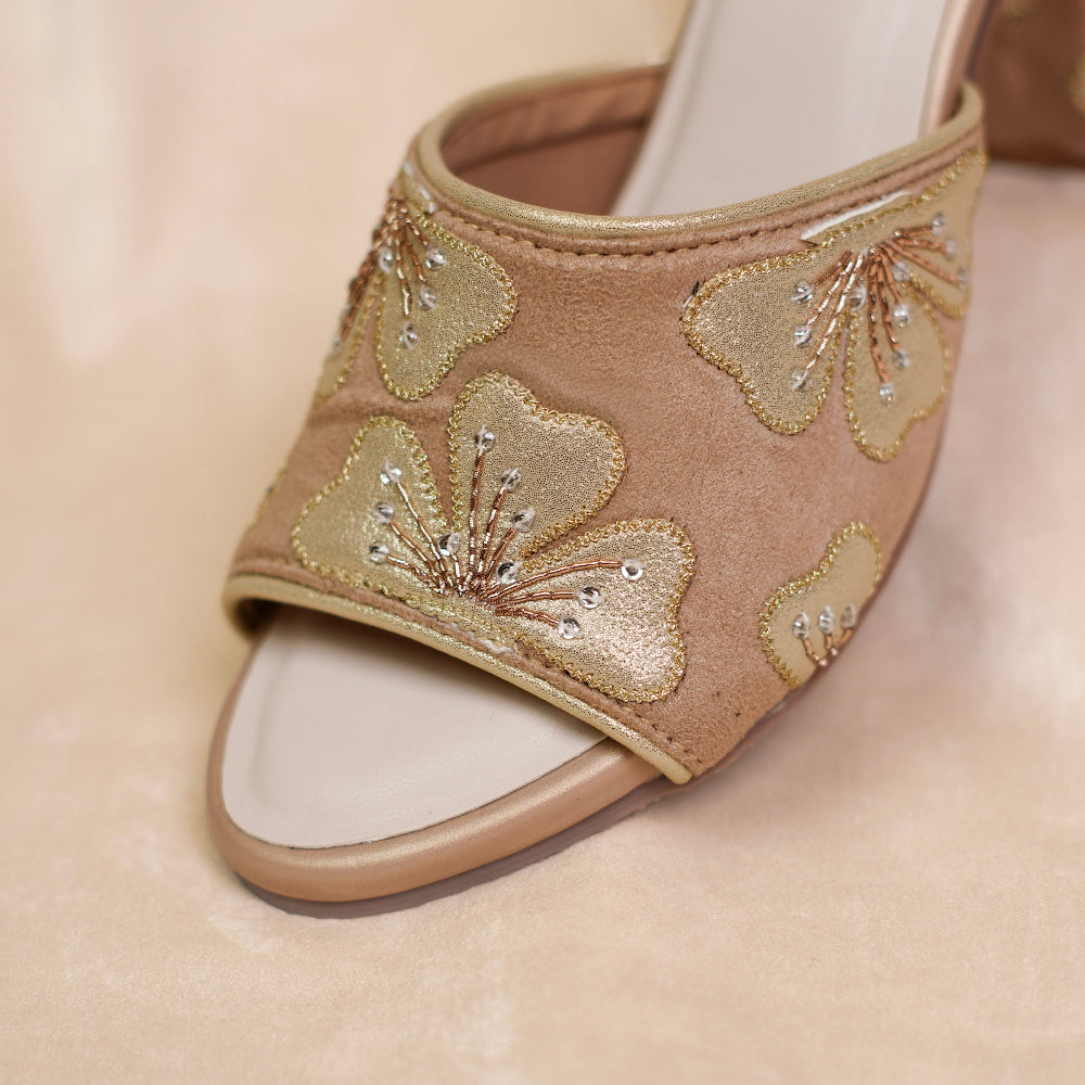 Elegant floral embellished sandals with block heels