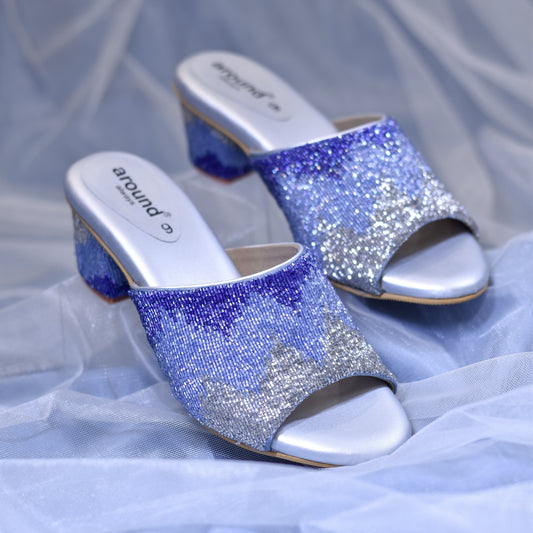 Shiny silver and blue heels for parties and cocktails
