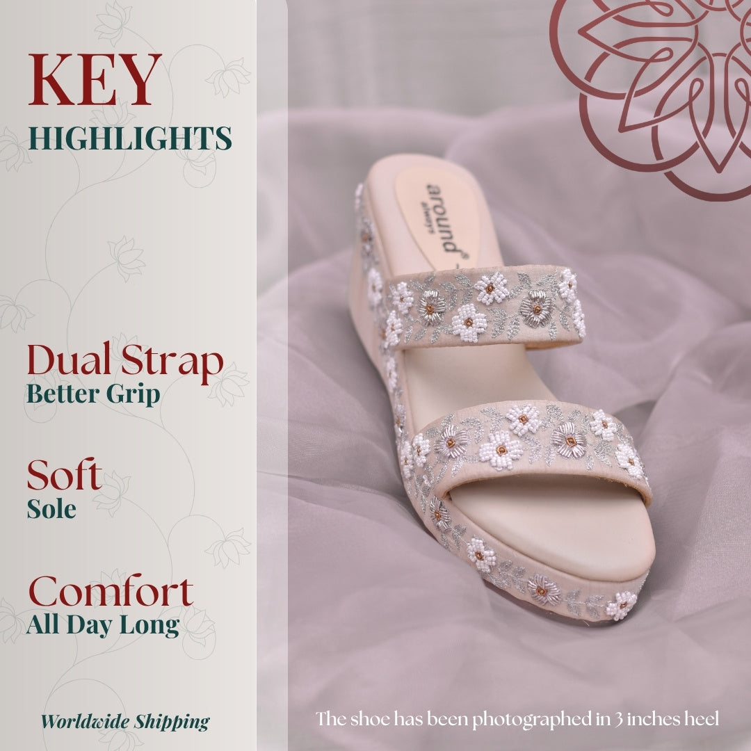 Minimal dual strap wedges heels with floral detailing and comfortable fit