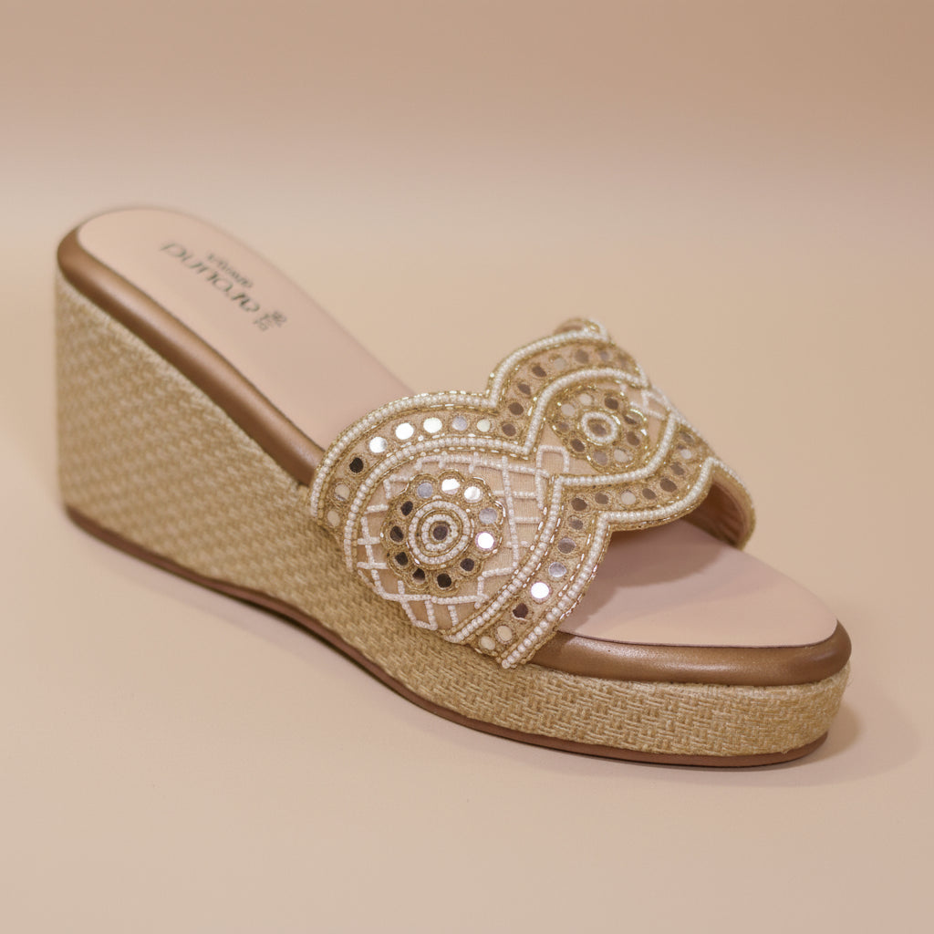 Gold-toned party heels with mirror work and comfort sole