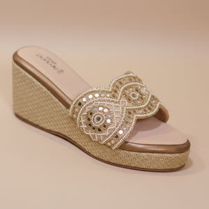 Gold-toned party heels with mirror work and comfort sole
