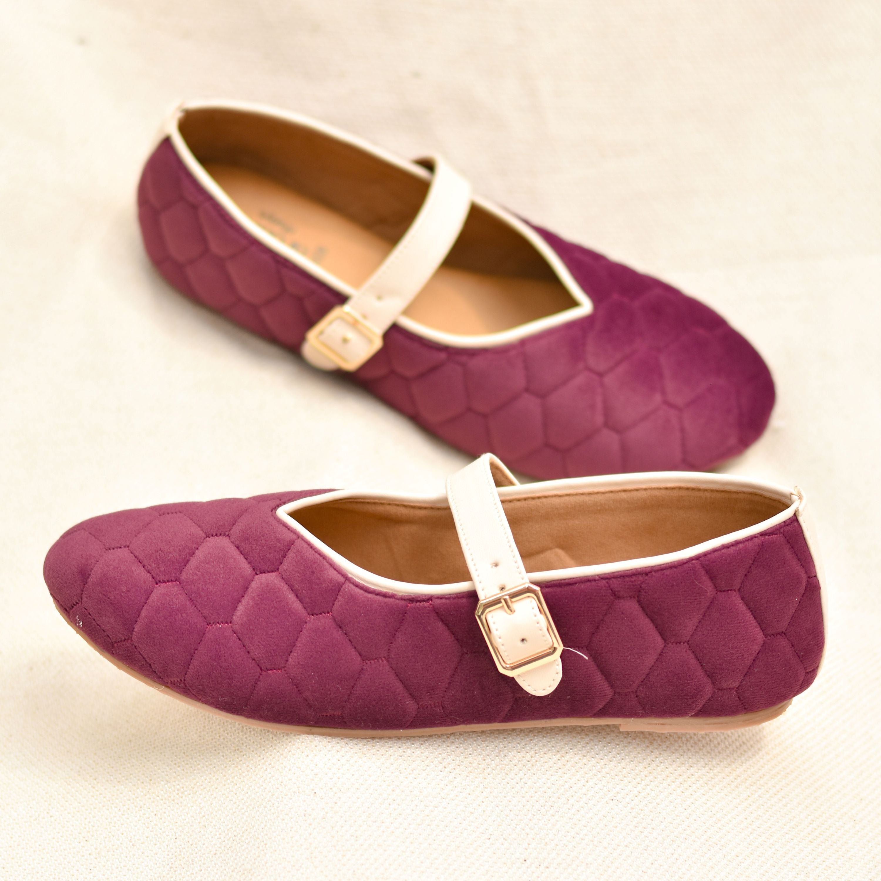 Maroon quilted Mary Jane flats with ivory strap