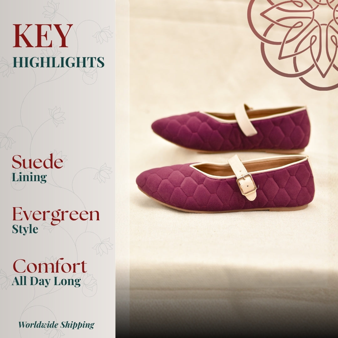 Deep wine quilted ballet flats with strap closure, soft inner lining, and sleek silhouette for everyday elegance