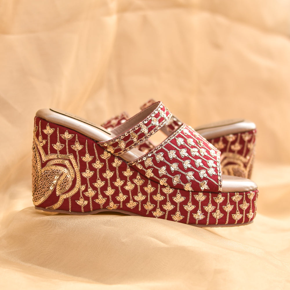 Wedding occasion red platform wedges with broad front strap for secured grip