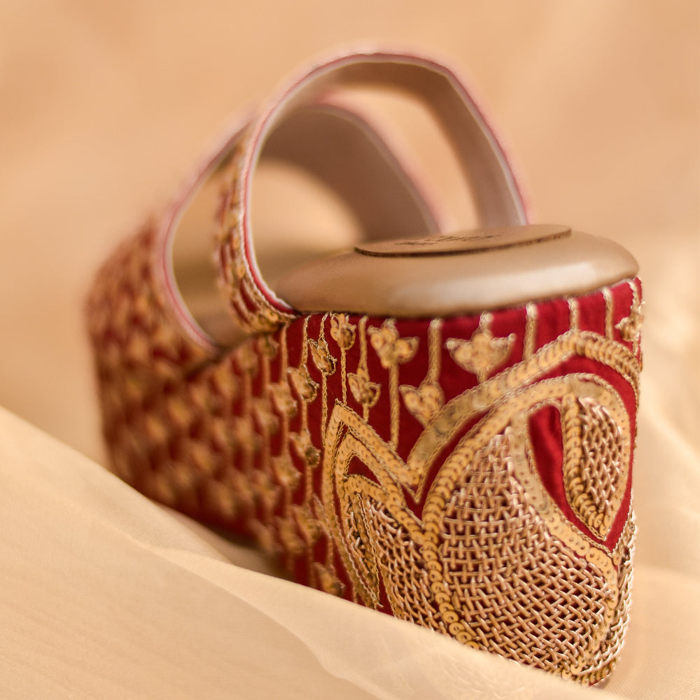 Red bridal heels with cushioned insole for long duration wear