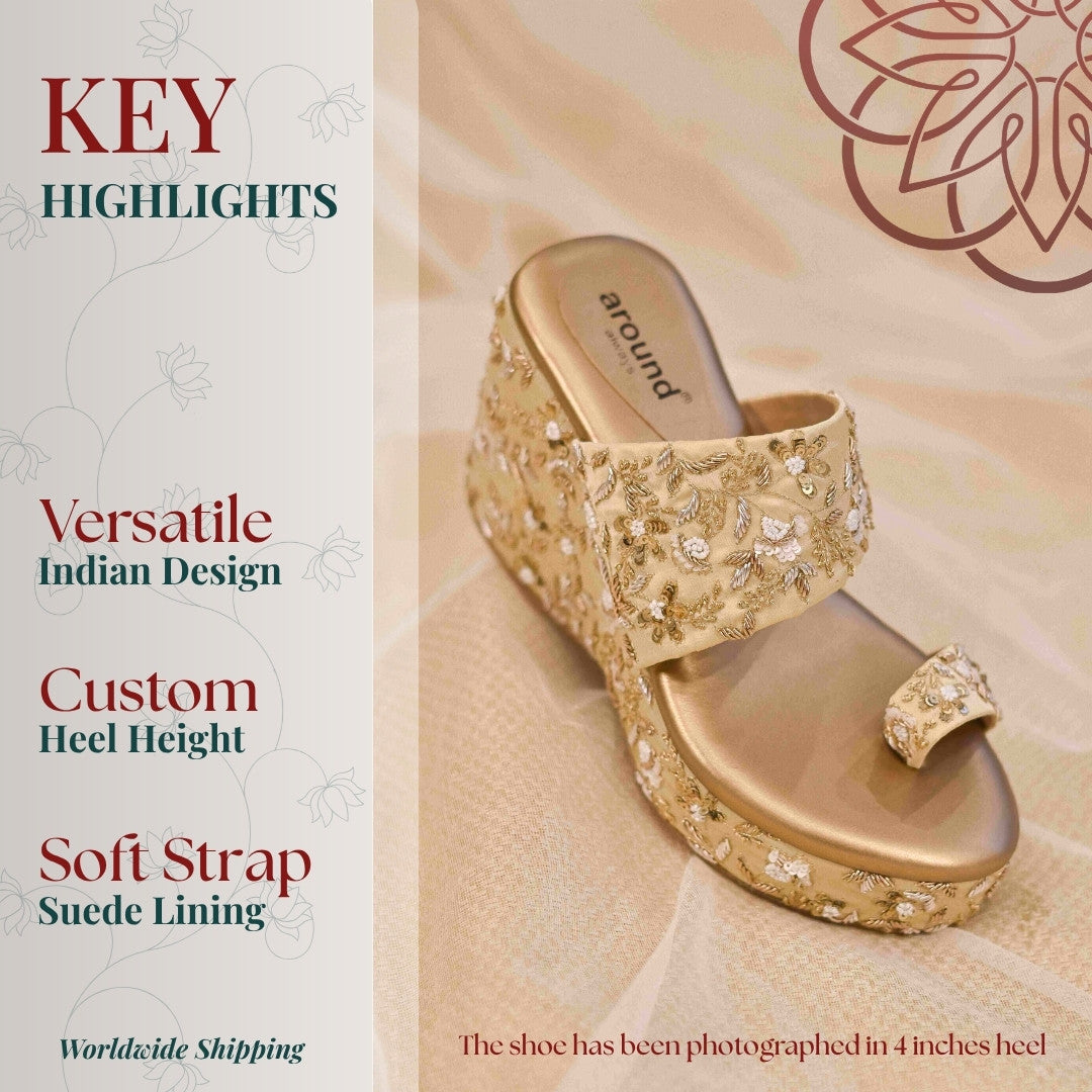 Gold embellished wedding heels with intricate floral zardozi design 