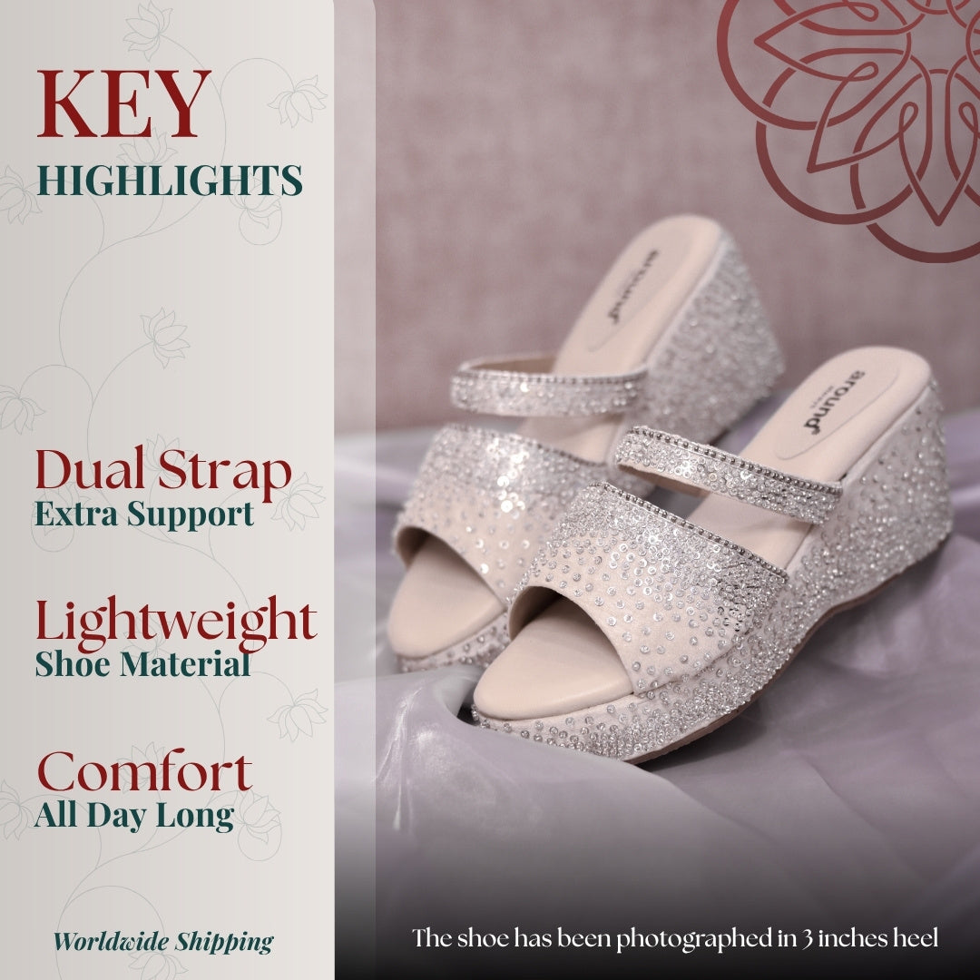Party wear silver dual strap with elevated wedge heel and soft cushioning