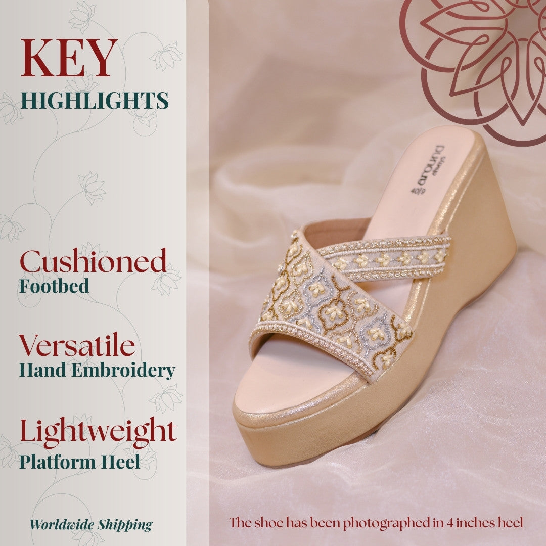 Beige lightweight platform heels with versatile golden zardozi embroidery 
