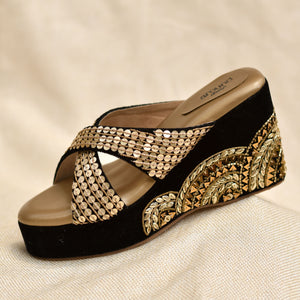 Gold sequins work on black wedges for parties