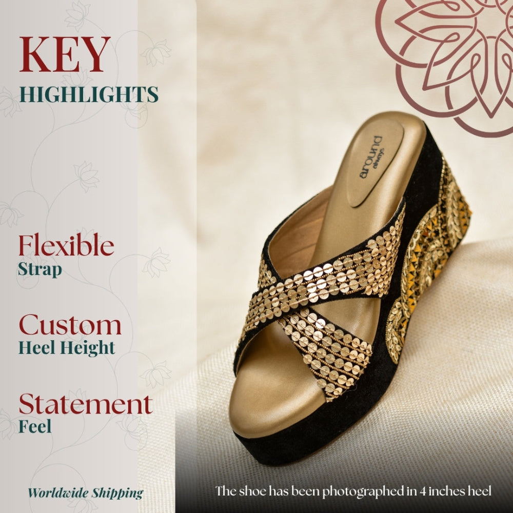 Black wedge sandals with gold sequin cross straps and bold statement design