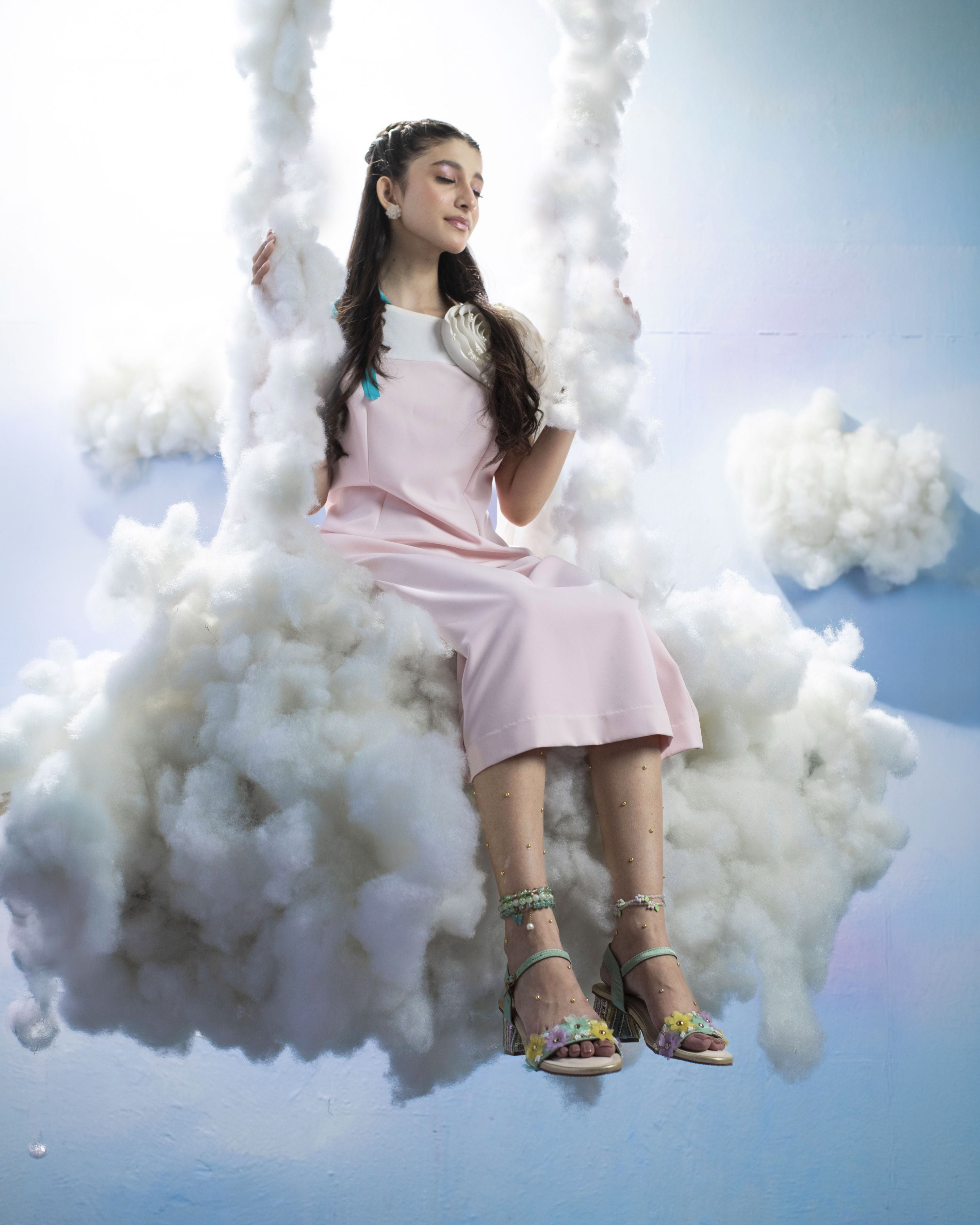 Pastel festive heels with floral strap and embroidered block heel