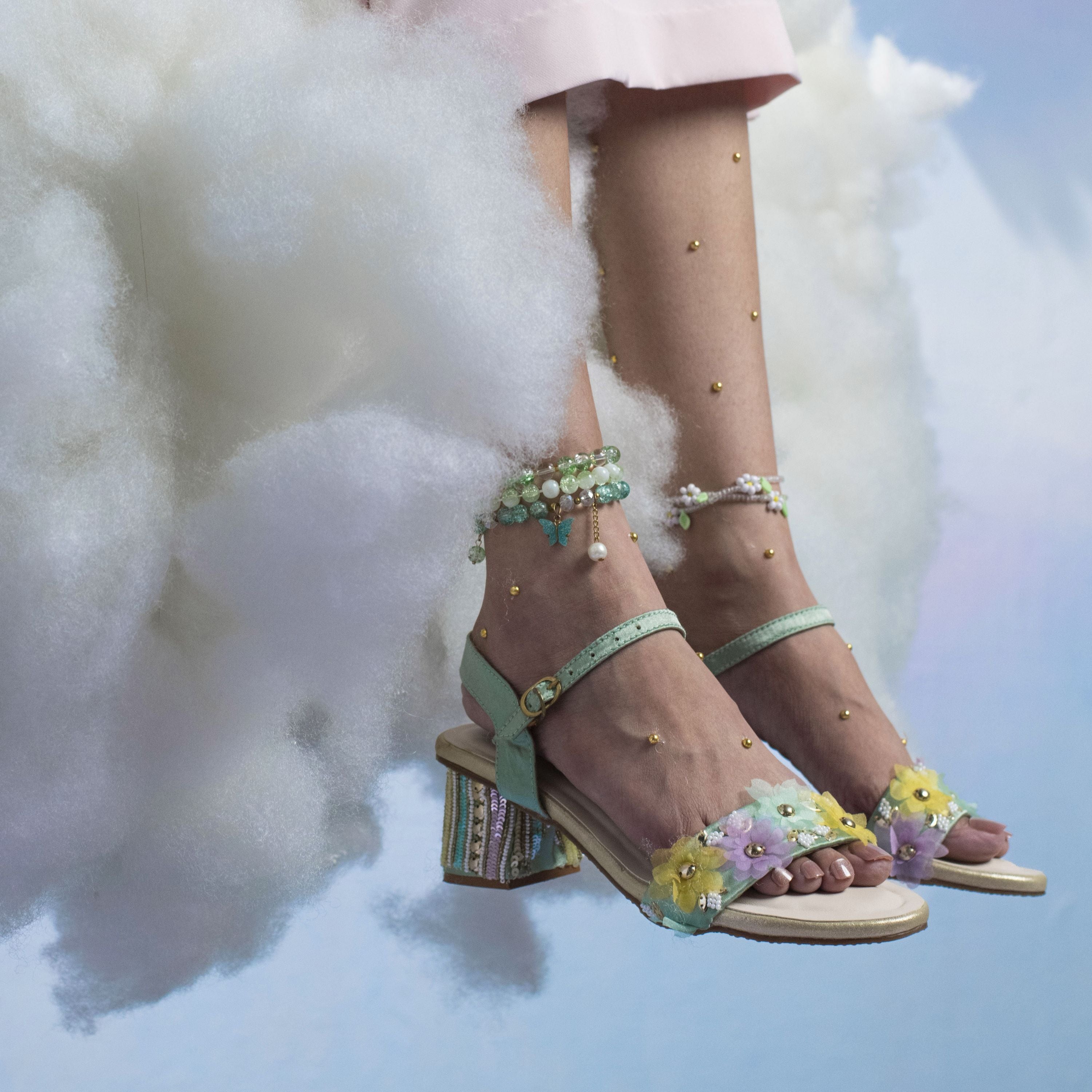 Sea green block heel sandals with pastel floral detailing