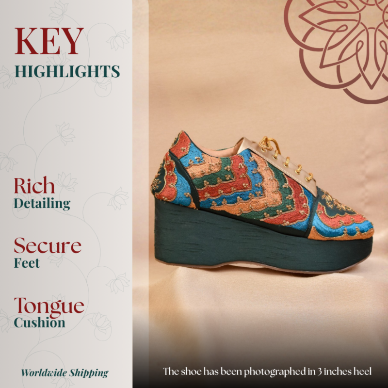 Multicolor embroidered wedge sneakers with gold lace detail and cushioned lift