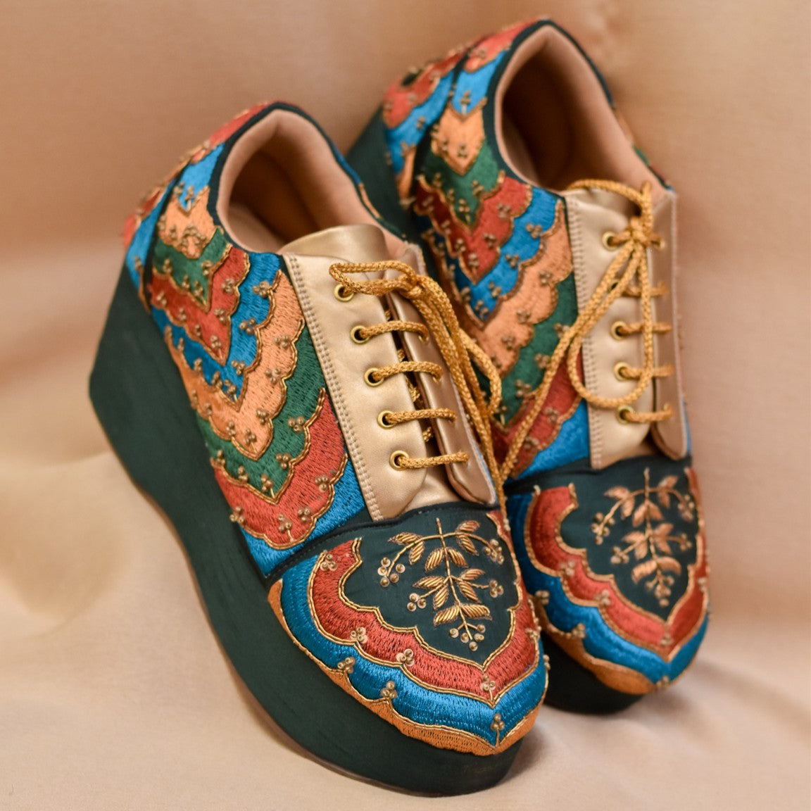 Colorful embroidered wedding shoes with zardosi and thread work