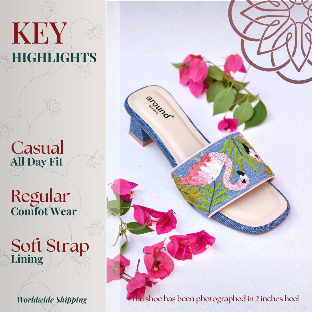 Denim casual wear sandals for women with embroidered flamingo motif
