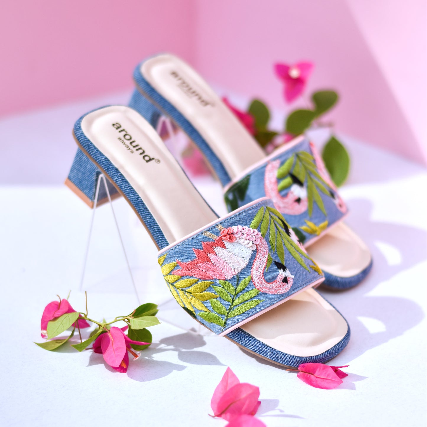 Casual sandals with pink white and green colour highlights