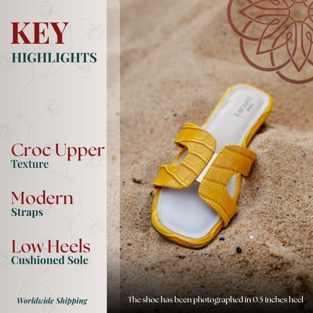 Flash Sliders key highlights: croc texture upper, modern straps and low heel with cushioned sole, shown in a 0.5 inch heel