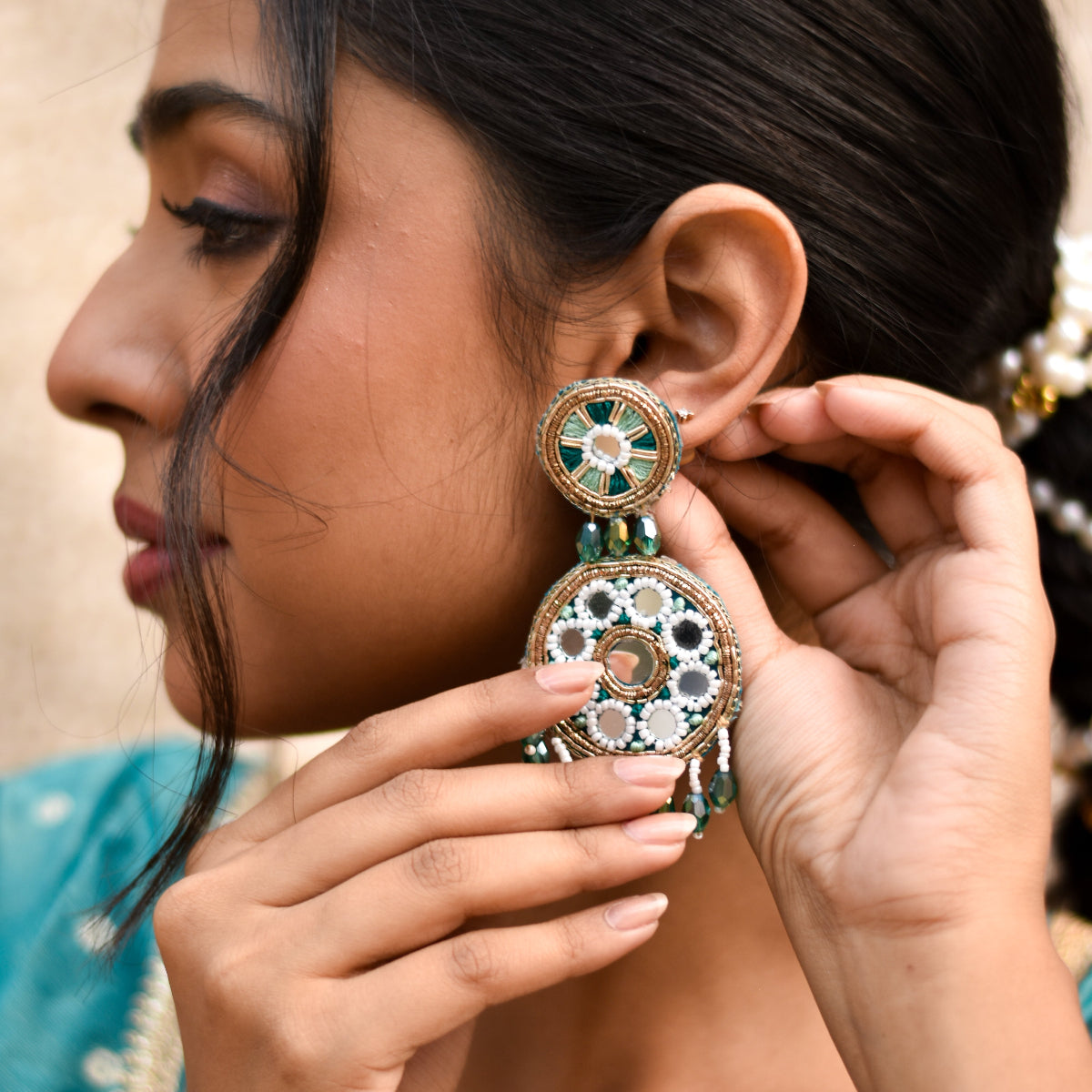Intricately embroidered earrings with peals, crystals, mirrors and beads light in weight for all day wear