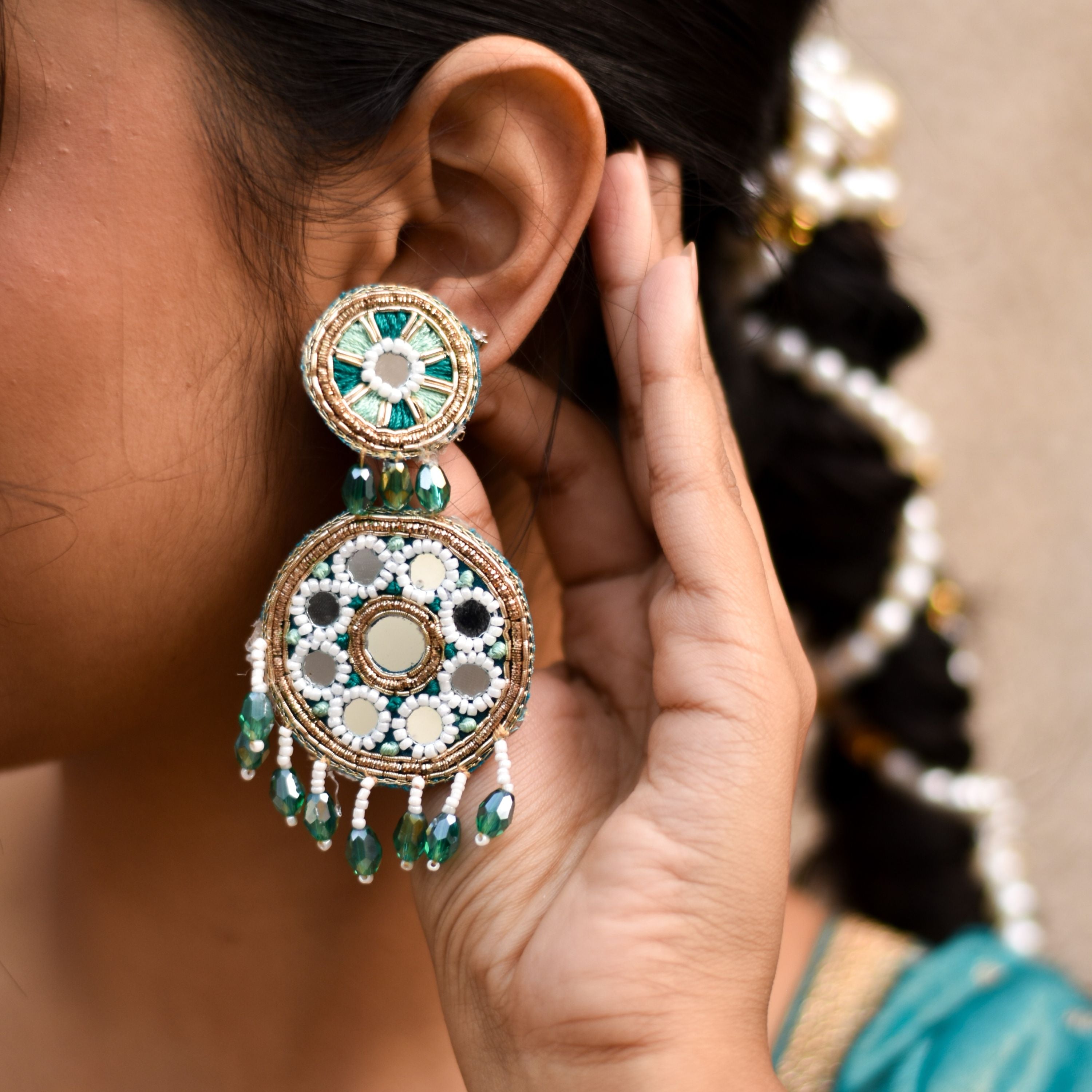 Light weight hand embroidered earrings for haldi and mehendi festivities