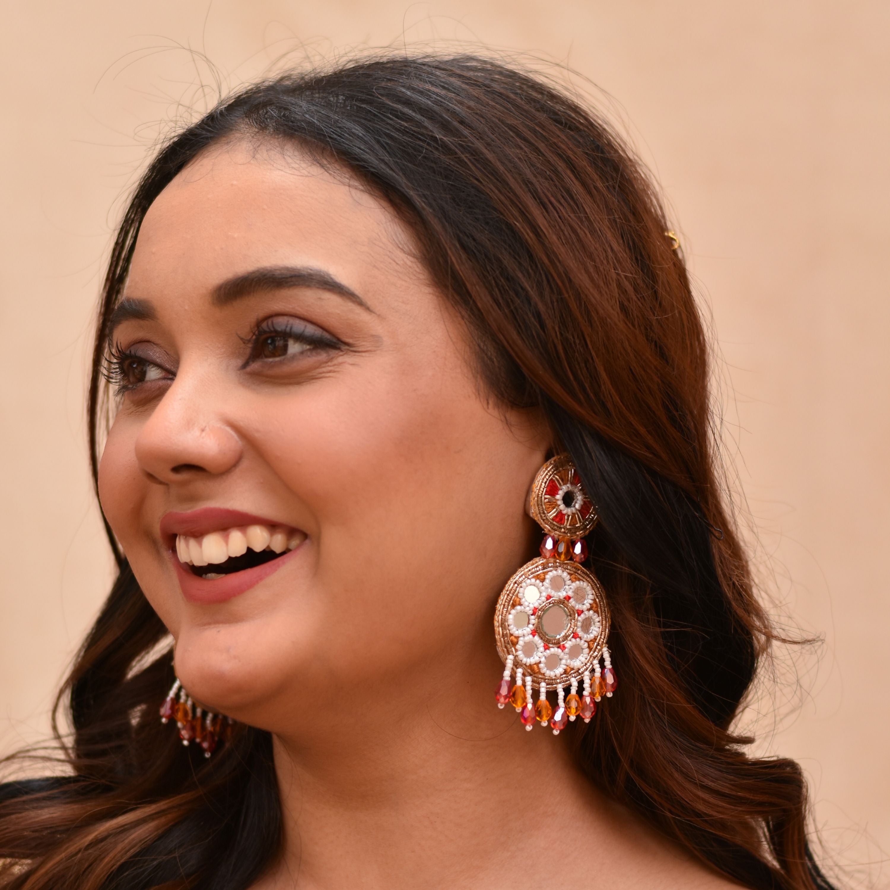 Earrings in Haldi Colours- Orange and Yellow with mirrors and pearls 