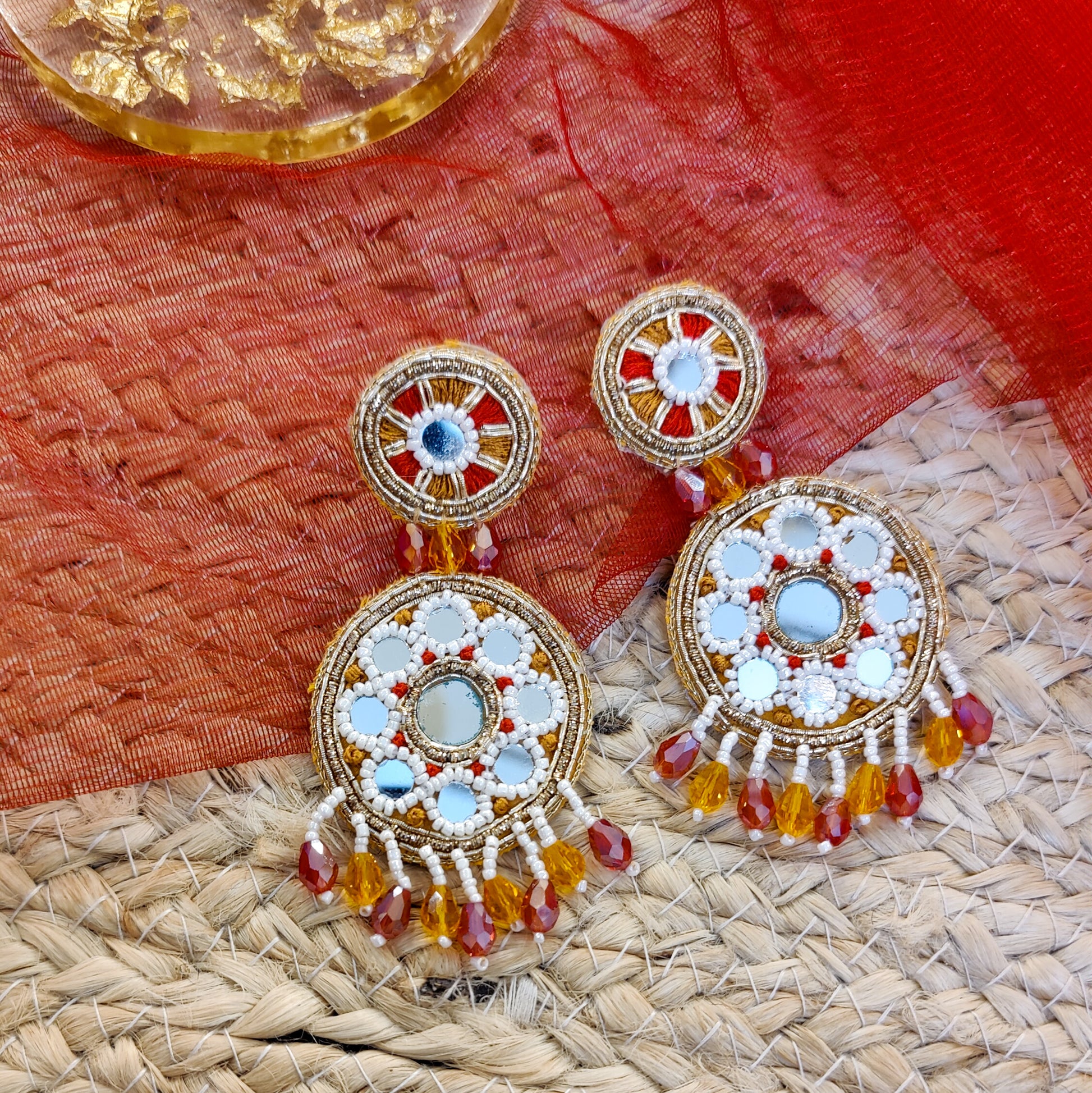 Orange and Red Mirror work beaded earrings
