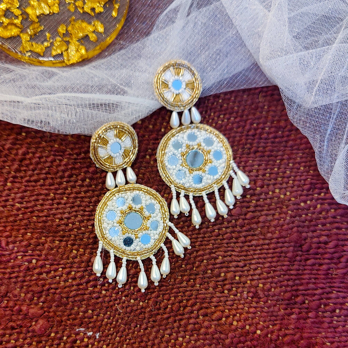 White and Golden Mirror Work Earring for Gifting