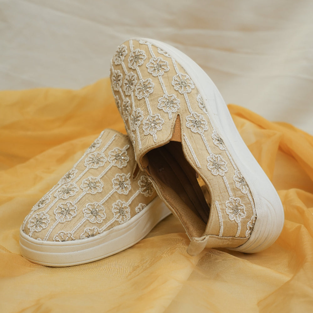 Floral wedding footwear in Golden beige with detailed textile upper
