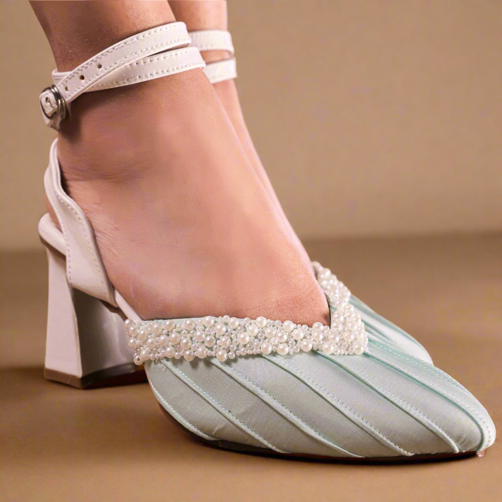 Stylish flared heel sandals for white wedding