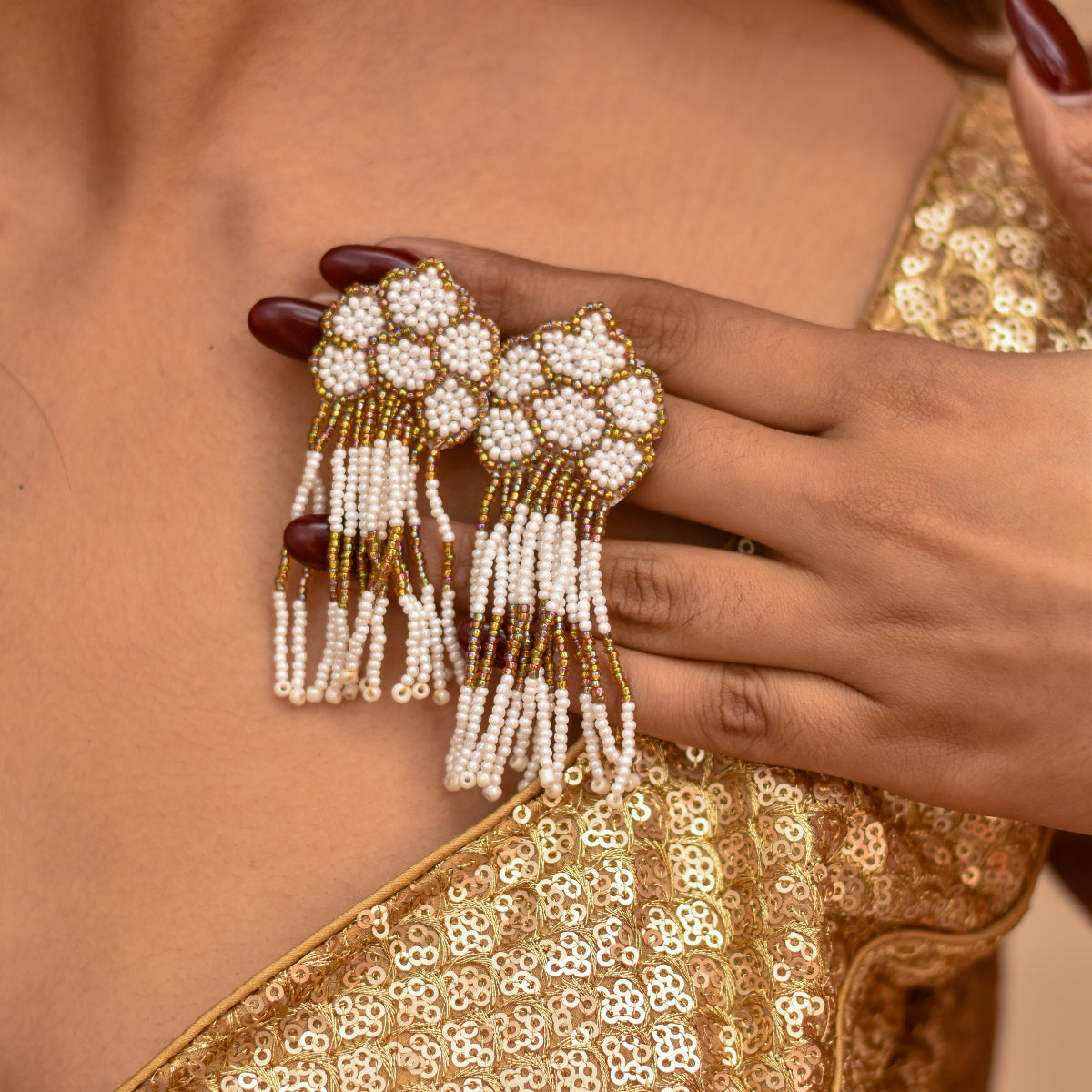 Pearl and gold beaded earrings for a quick festive and wedding look