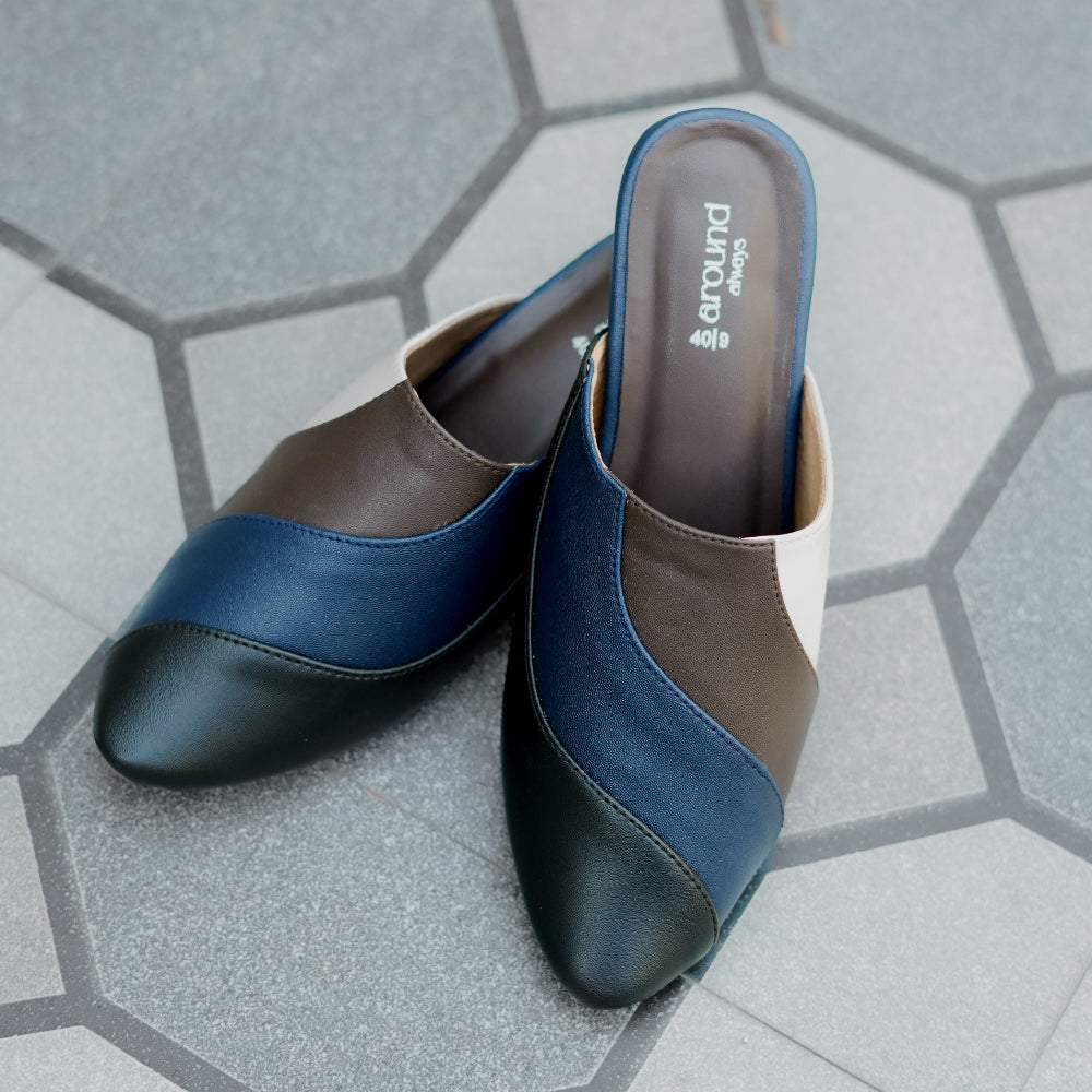 Multicolour block heel mule with flowing colour-block pattern and sleek finish