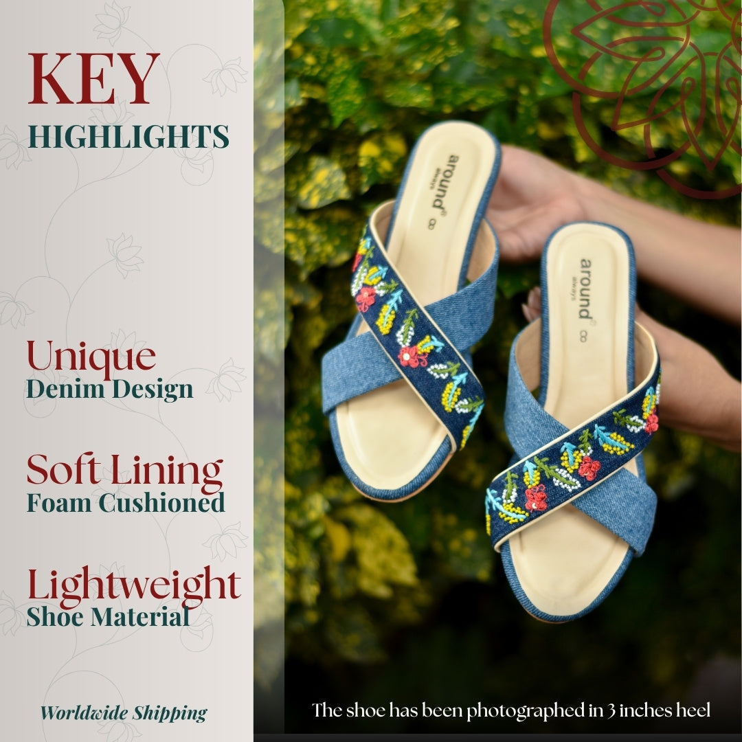 Denim sandals with embroidered floral strap and cushioned sole