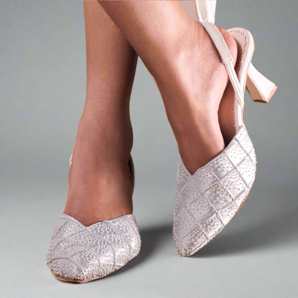 High heel mules for white wedding brides and bridesmaids