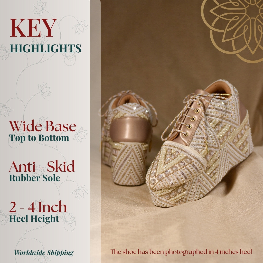 Golden bridal sneakers with pearl embroidery on heels upto 4 inches