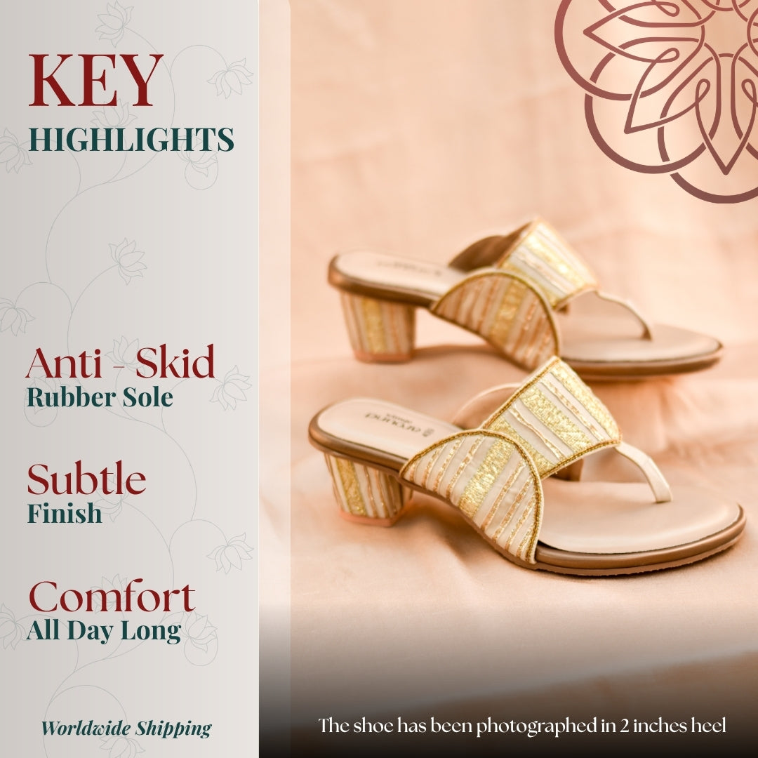 Minimal gold heels with fine stripe pattern and comfortable everyday festive look