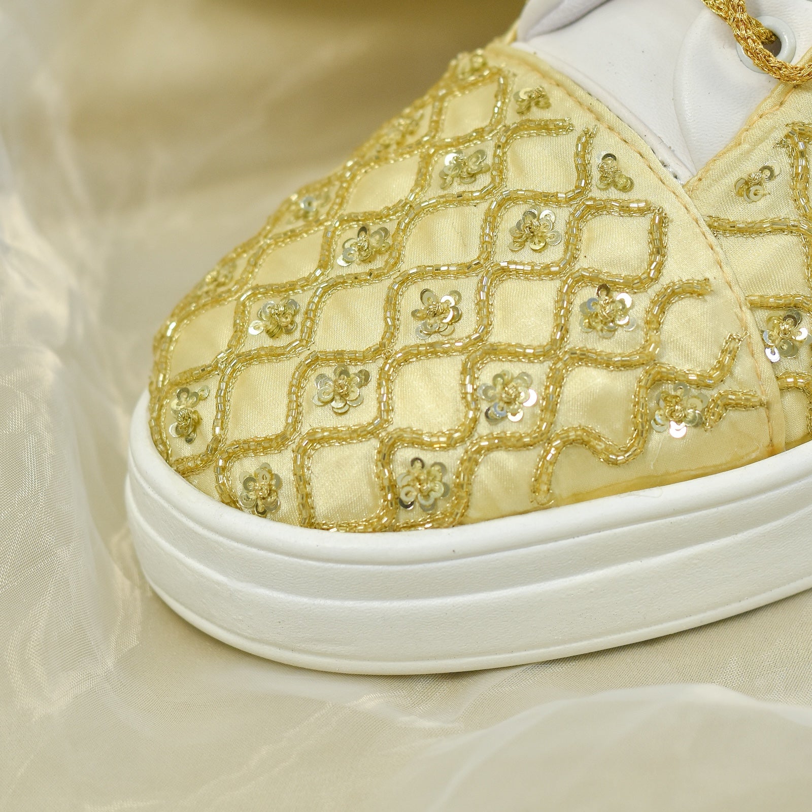 Golden trendy party sneakers with hand embroidery