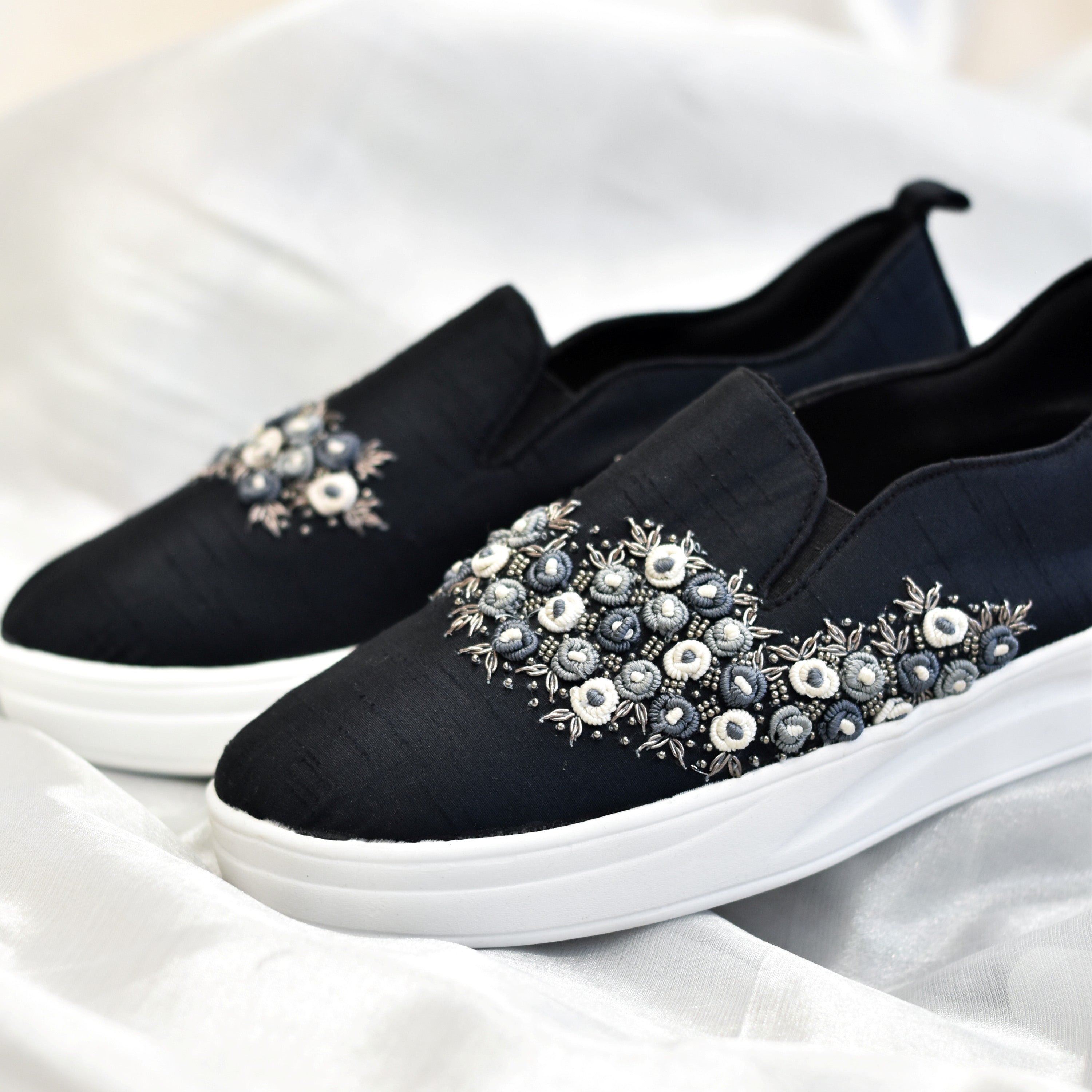 White, grey and black tone floral sneakers for women's modern Indo-western outfits 