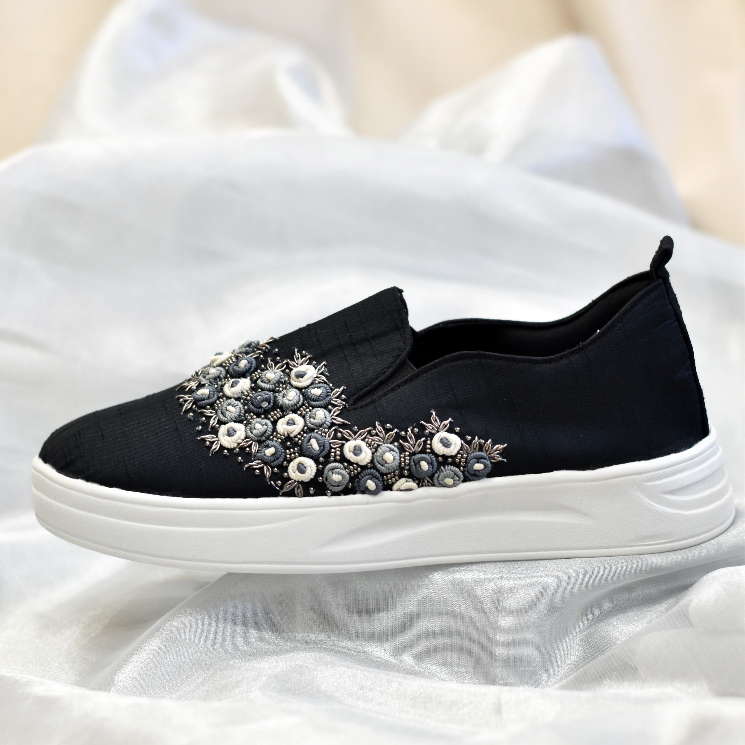 Floral thread embellished Indian slip-on sneakers for festivals and weddings