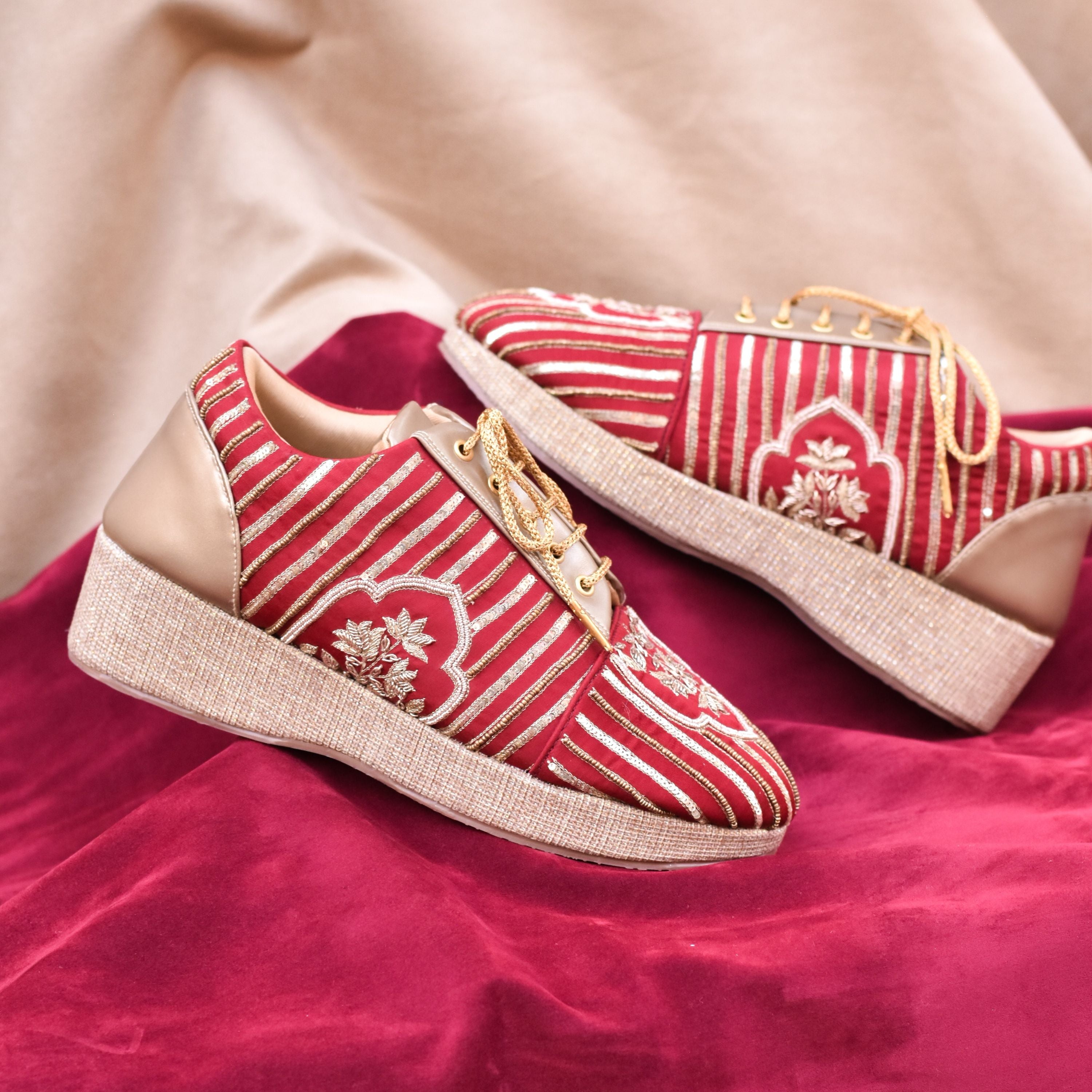Traditional zardozi embroidered sneakers for Indian weddings and sangeet.