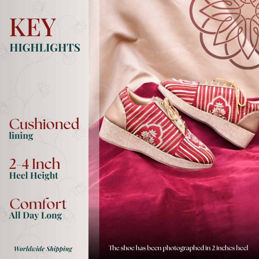 Red embroidered wedge sneaker with golden work cushioned comfort and elevated sole