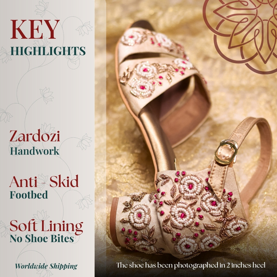 Golden bridal block heel sandals with floral zardozi designs for Indian weddings and occasions 