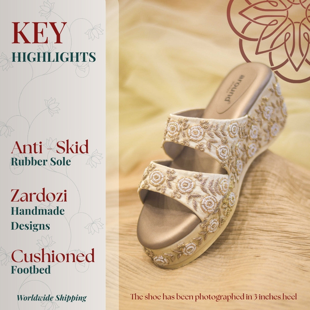 Golden tone on tone wedding embroidered heels with cushioned footbed