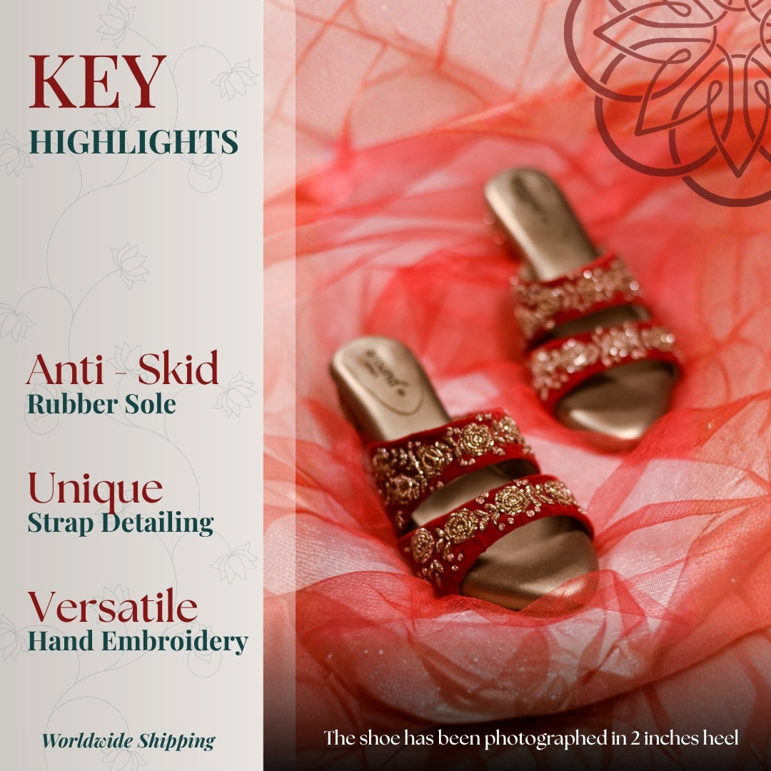 Ethnic red chappal with intricate floral embroidery and cushioned sole