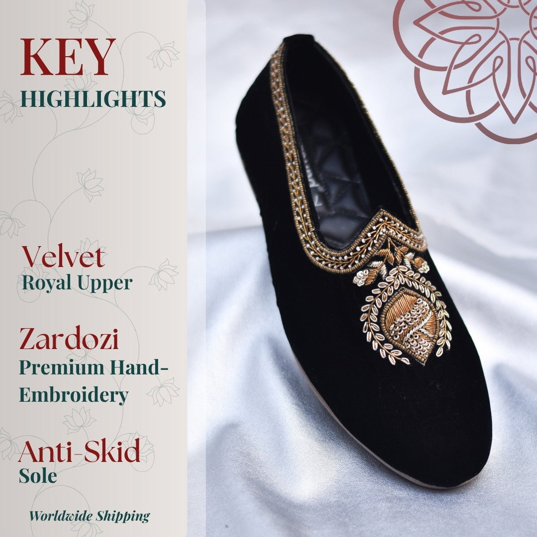 Black velvet mojris with zardozi hand work for Indian men's ethnic wear