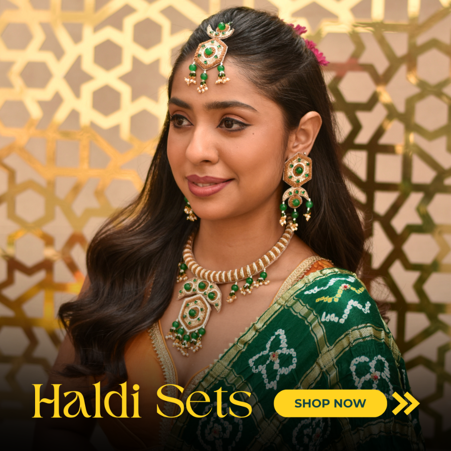 Bride wearing handmade zardozi imitation jewelry for her haldi function