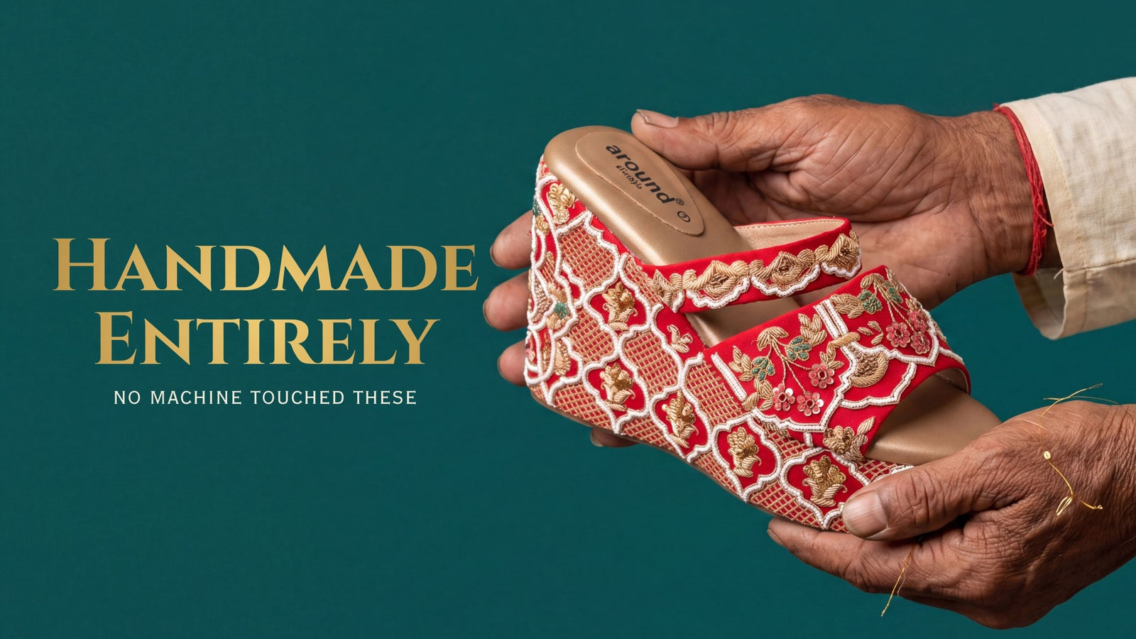 Handmade ethnic heels with zardozi hand-embroidery by Indian craftsmen