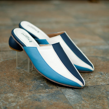 Blue and white mule with colour block design and rounded low heel
