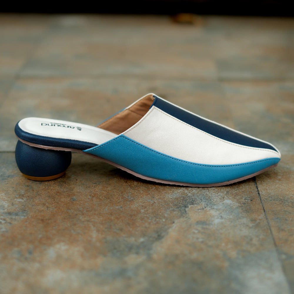 Everyday mule pattern navy ,sky blue and white detailing with low heel
