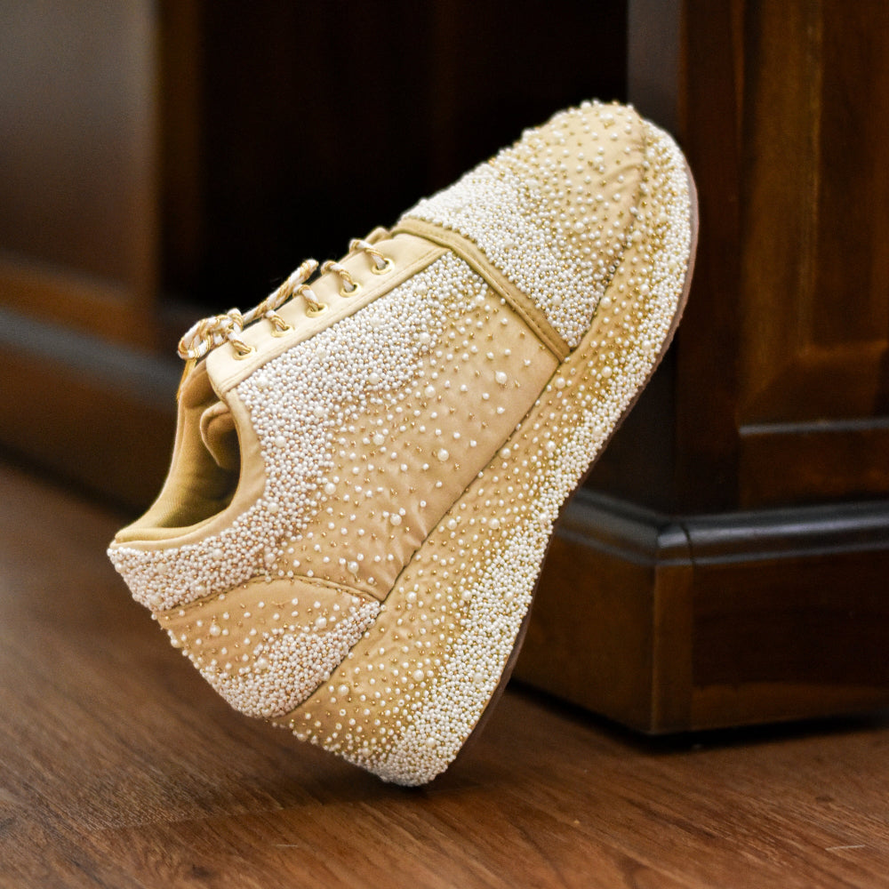 Pearl embroidered handmade Indian Sneakers with intricate detailing