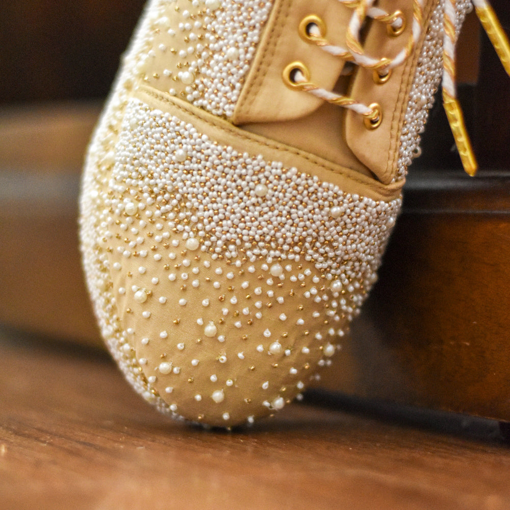 Embellished wedding sneakers with hand stitched beads and pearls for sangeet gowns