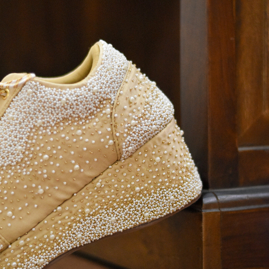 Lace up golden beige sneakers with comfortable cushion and anti skid sole